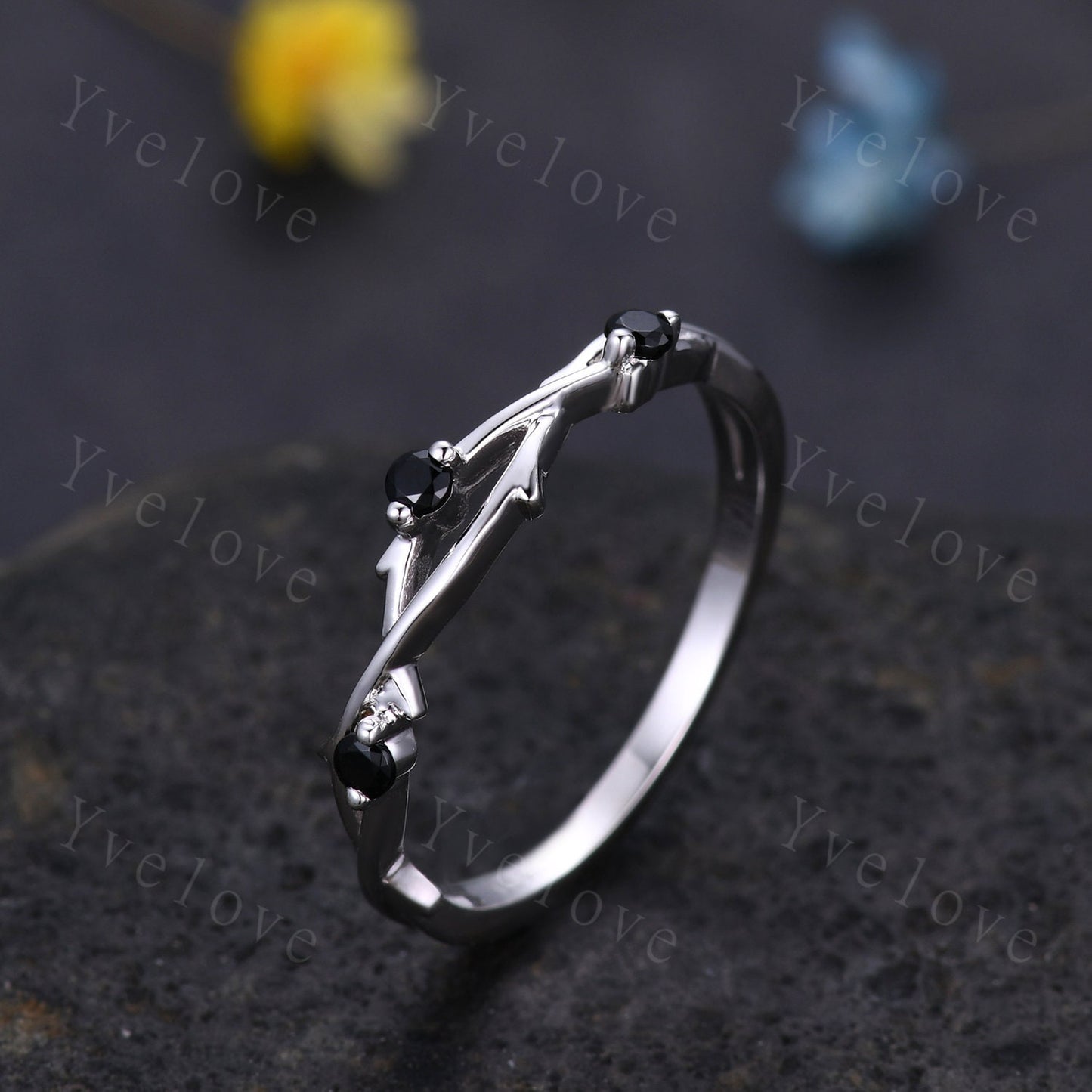 Minimalist Twig Black Spinel Engagement Ring,Twig Matching Band,Women Leaf Band ,Art Deco Branch Black Gem Wedding Band,Twisted Band,Silver