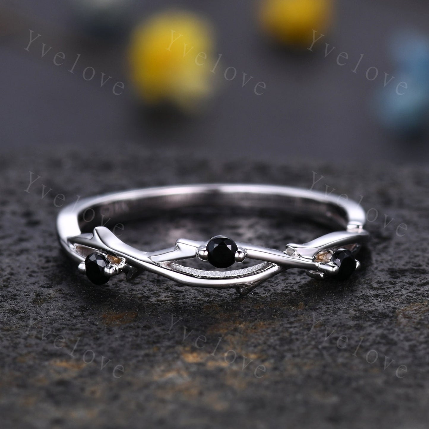 Minimalist Twig Black Spinel Engagement Ring,Twig Matching Band,Women Leaf Band ,Art Deco Branch Black Gem Wedding Band,Twisted Band,Silver