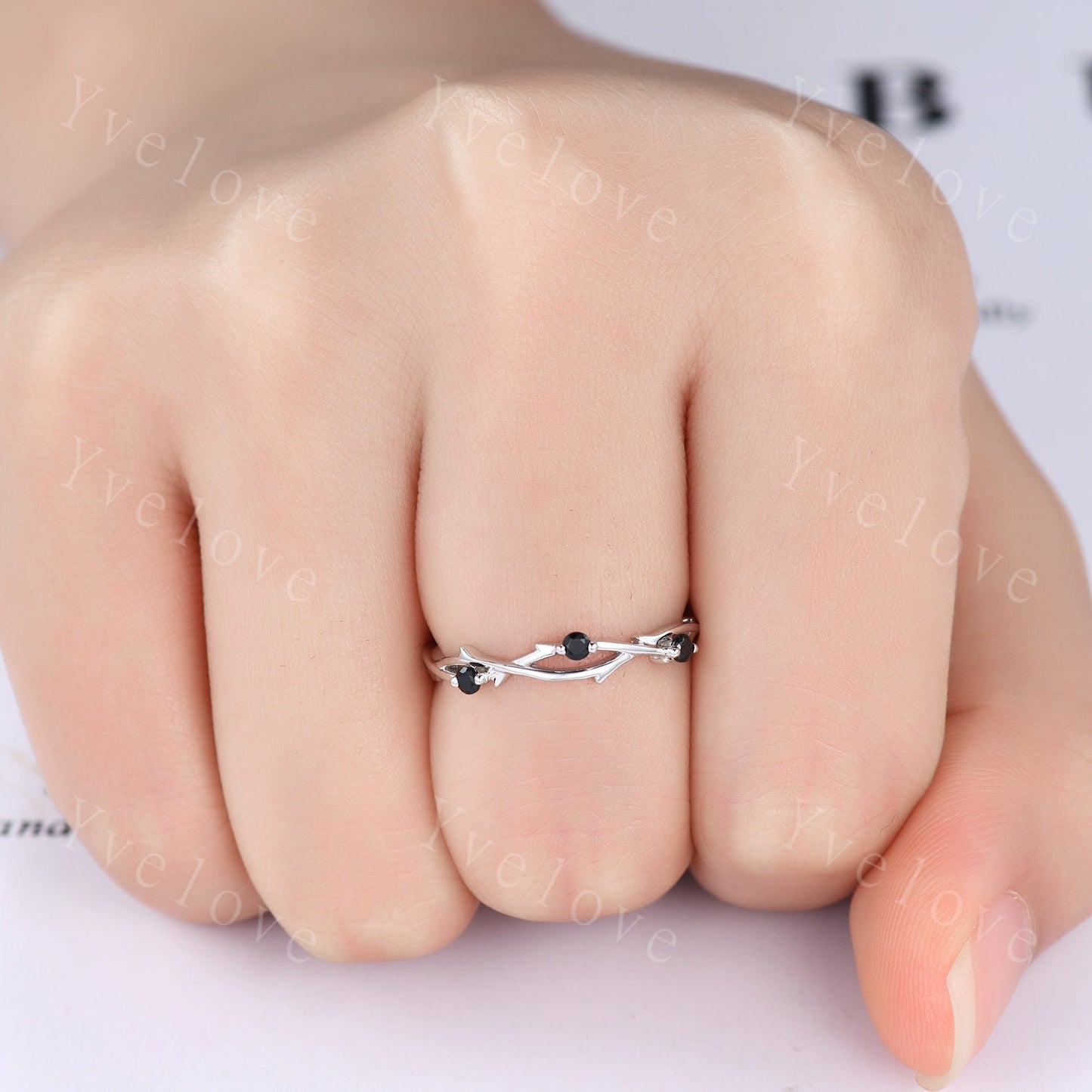 Minimalist Twig Black Spinel Engagement Ring,Twig Matching Band,Women Leaf Band ,Art Deco Branch Black Gem Wedding Band,Twisted Band,Silver