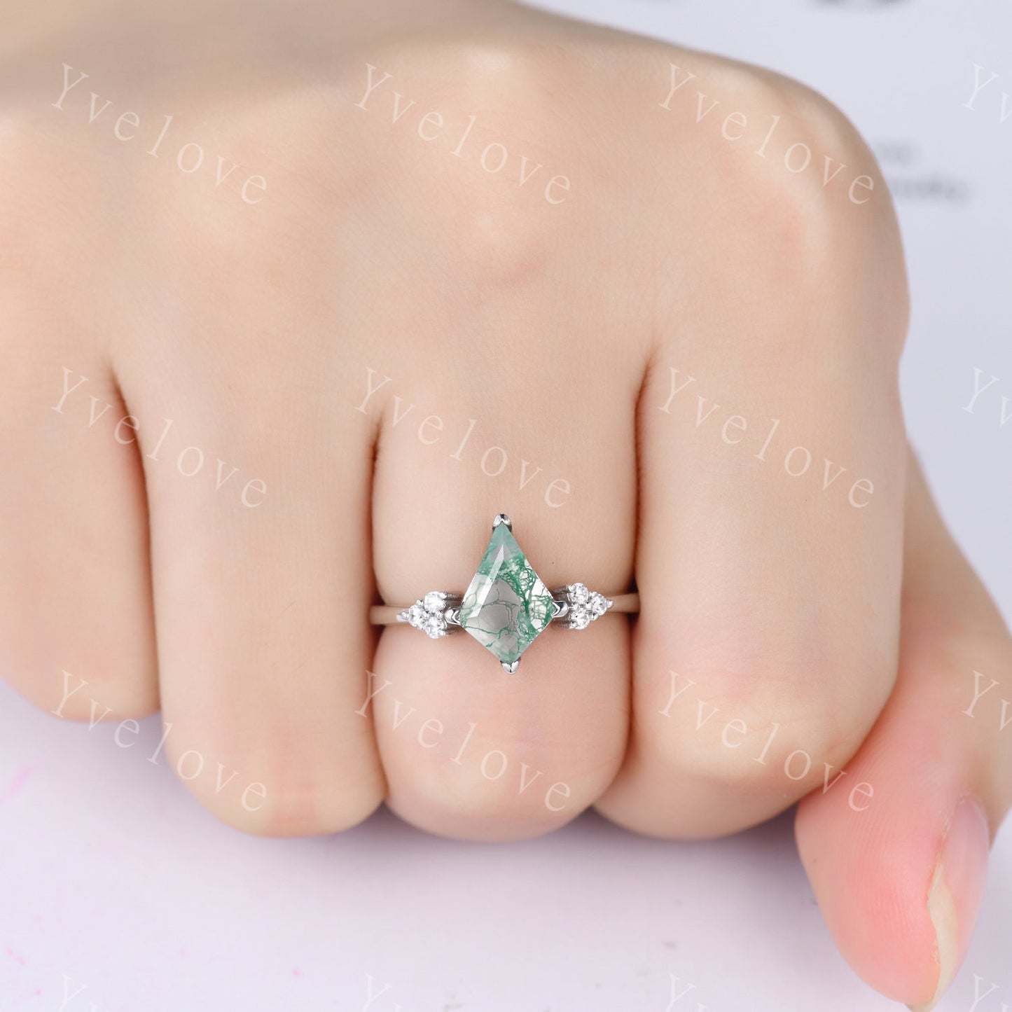Retro Kite Shaped Moss Agate Ring,Vintage Sterling Silver Ring,Unique Moss Agate Engagement Ring,Promise Ring,Anniversary Ring Gift For Her