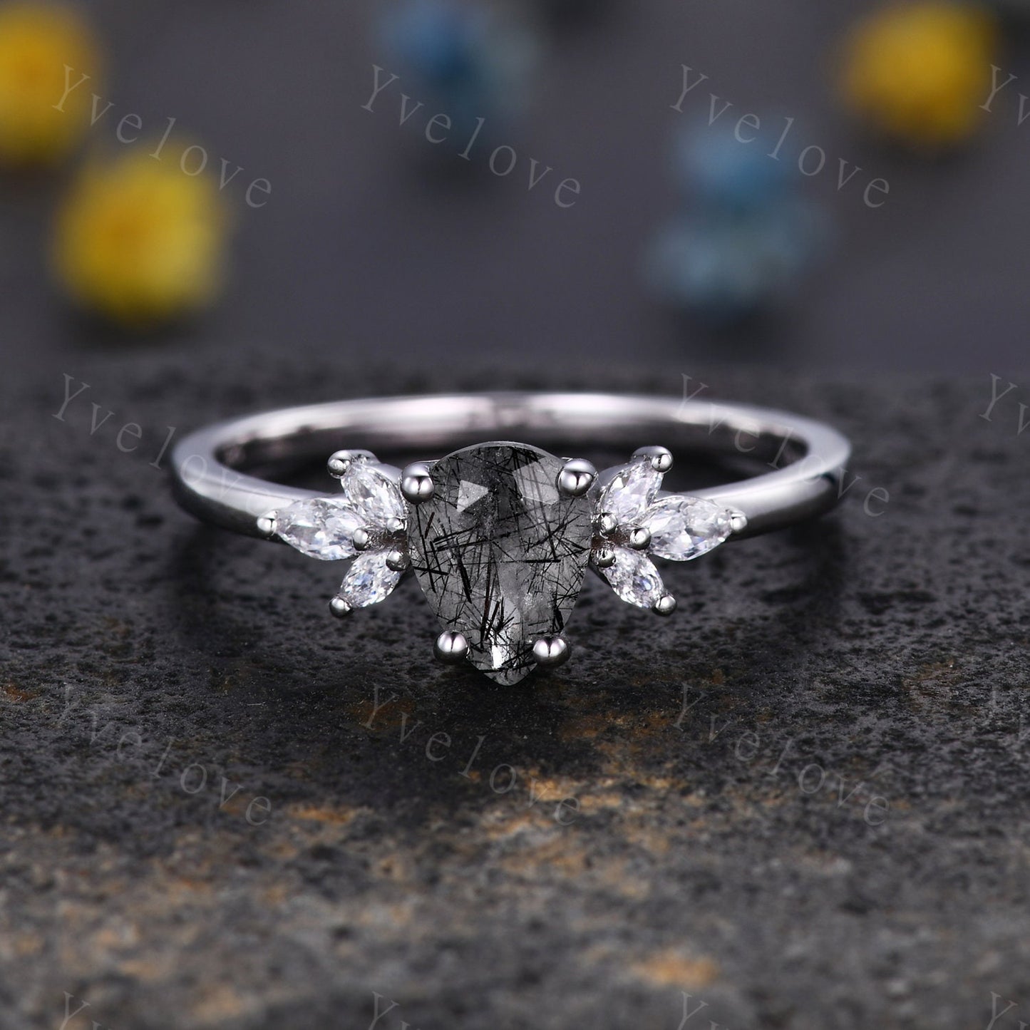 Pear Black Rutilated Quartz Engagement Ring Set Art Deco Ring Women Stacking Diamond Moissanite Matching Band Unique Vintage Jewelry Silver