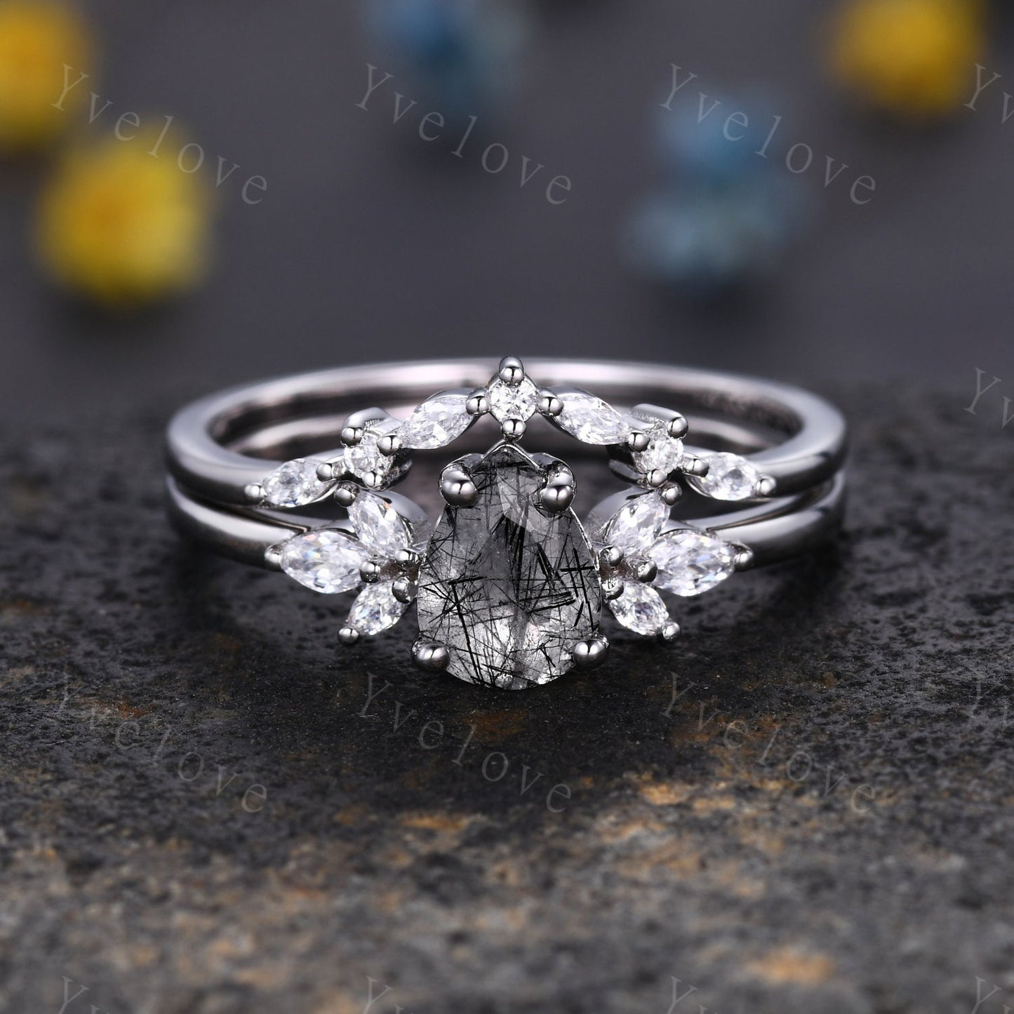 Pear Black Rutilated Quartz Engagement Ring Set Art Deco Ring Women Stacking Diamond Moissanite Matching Band Unique Vintage Jewelry Silver