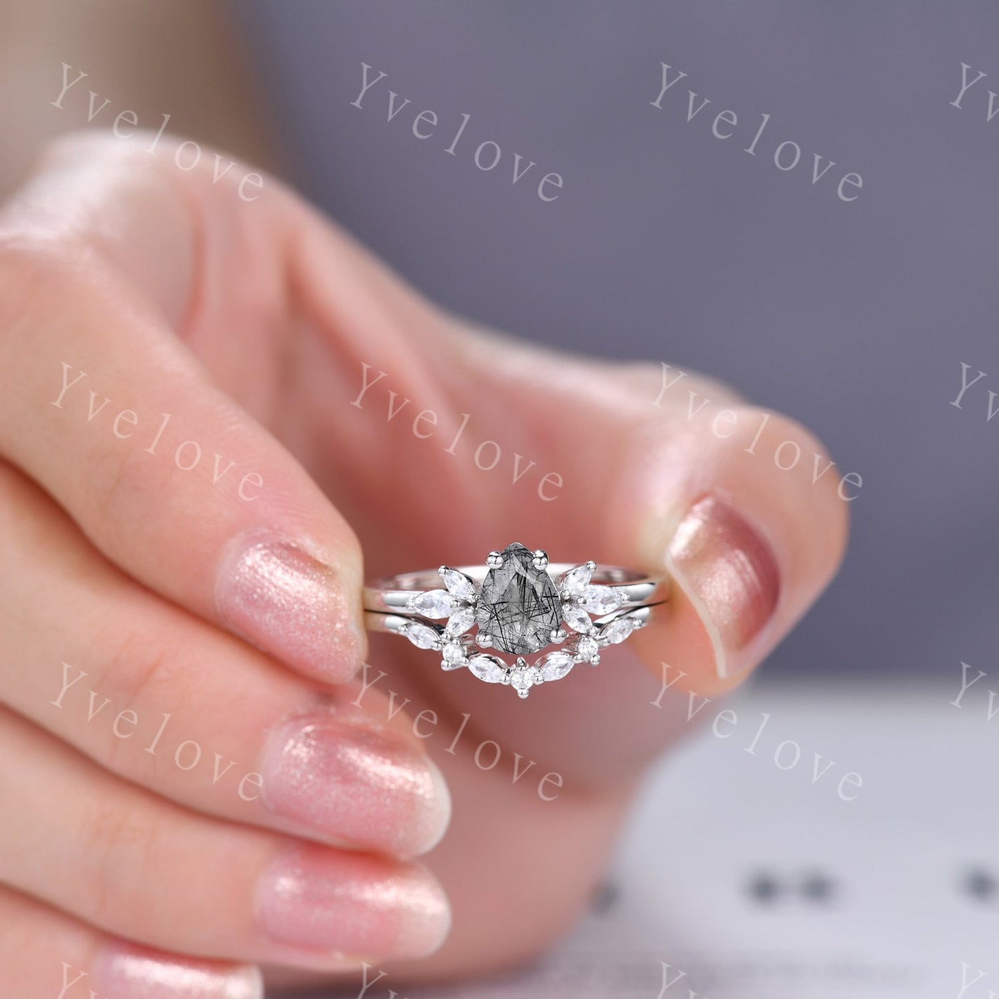 Pear Black Rutilated Quartz Engagement Ring Set Art Deco Ring Women Stacking Diamond Moissanite Matching Band Unique Vintage Jewelry Silver