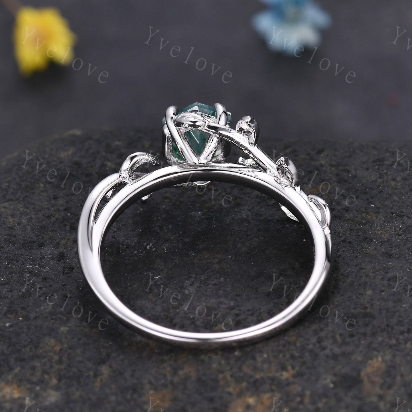 Hexagon Black Fire Opal Ring,Vintage Twig Vine Leaf Ring,Unique Black Opal Engagement Ring,Emerald Ring,Promise Anniversary Bridal Ring Gift