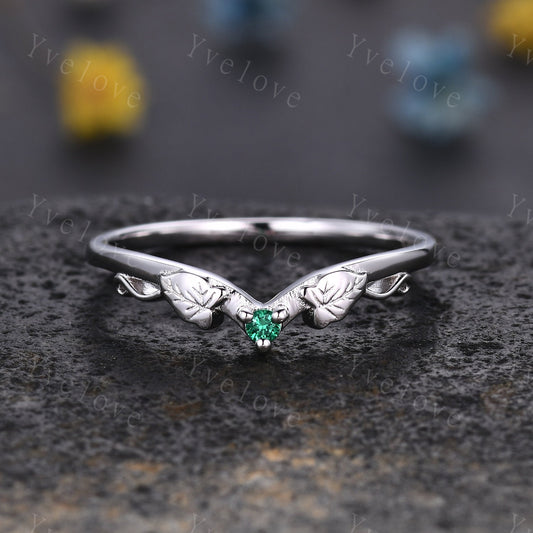 Minimalist Emerald Twig Engagement Ring,Twig Leaf Matching Band,Women Vine Band ,Art Deco V Curved Branch Wedding Band,White Gold Ring Gift