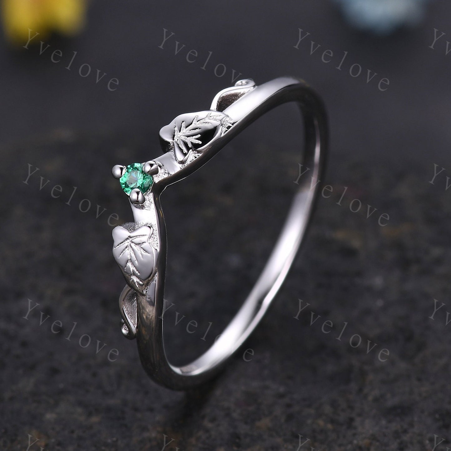 Minimalist Emerald Twig Engagement Ring,Twig Leaf Matching Band,Women Vine Band ,Art Deco V Curved Branch Wedding Band,White Gold Ring Gift