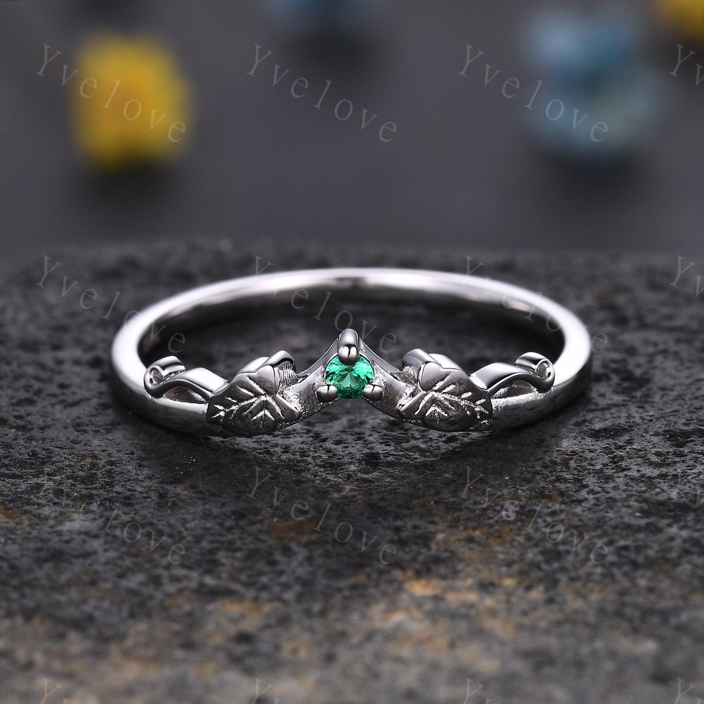 Minimalist Emerald Twig Engagement Ring,Twig Leaf Matching Band,Women Vine Band ,Art Deco V Curved Branch Wedding Band,White Gold Ring Gift