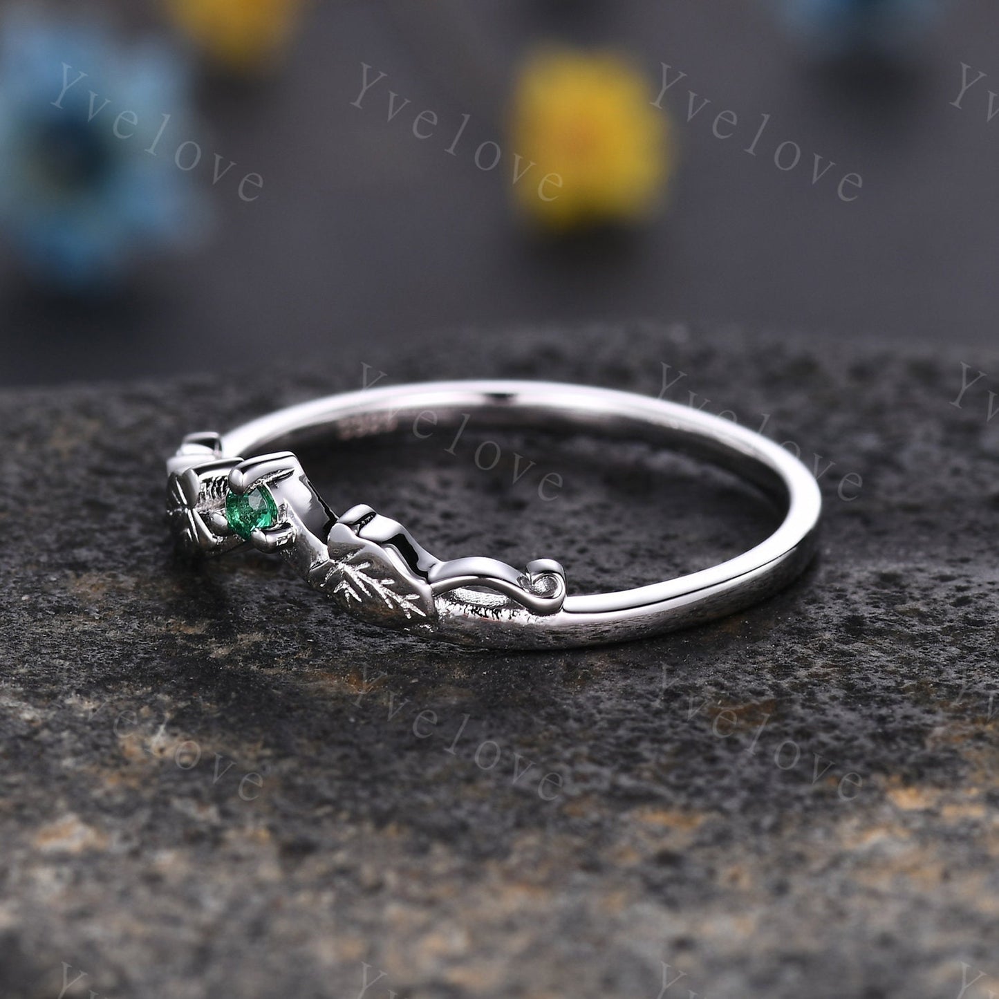 Minimalist Emerald Twig Engagement Ring,Twig Leaf Matching Band,Women Vine Band ,Art Deco V Curved Branch Wedding Band,White Gold Ring Gift