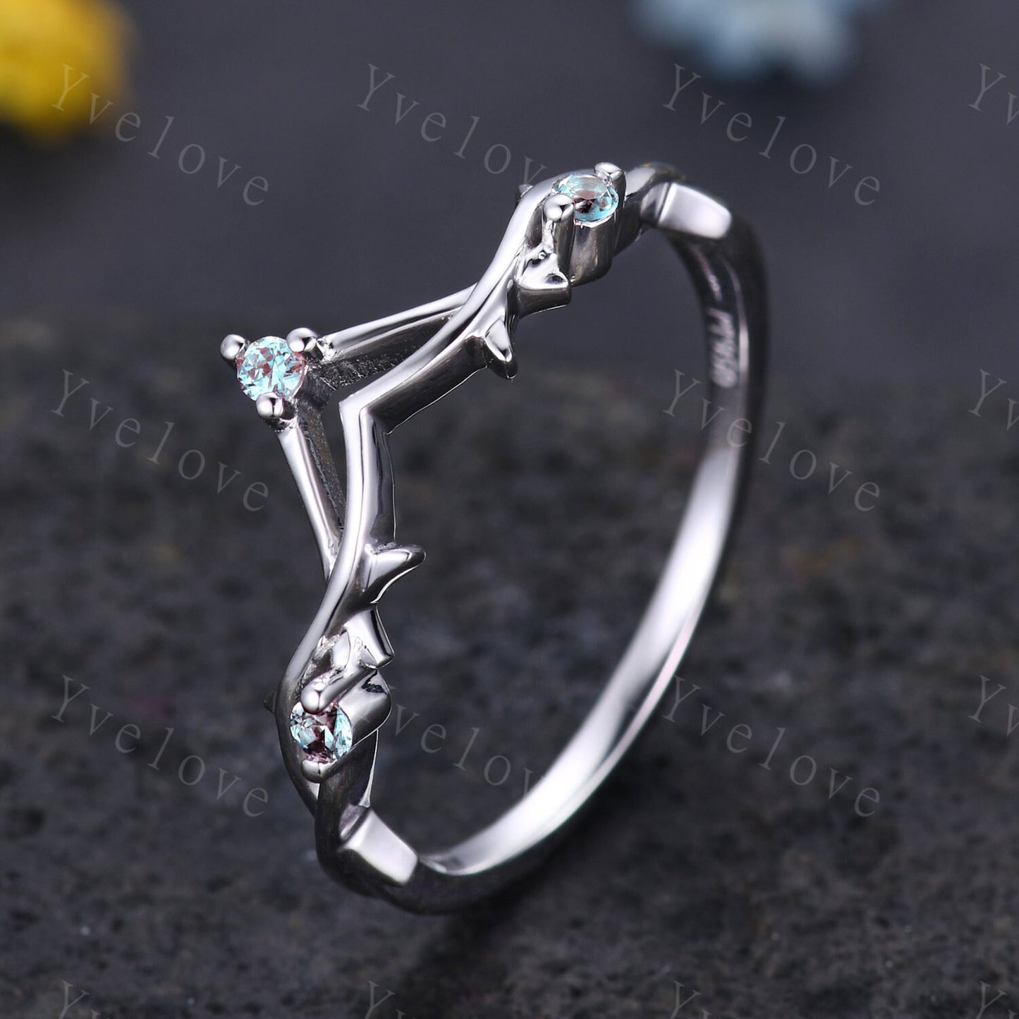 Minimalist Twig Engagement Ring,Twig Matching Band,Women Vine Alexandrite Band ,Art Deco V Curved Branch Alexandrite Wedding Band,Silver