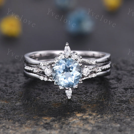 Unique Aquamarine Ring,Blue Aquamarine Engagement Ring,Enhancer Ring,Double Curved band,Women Bridal Matching Stacking Diamond Wedding Band