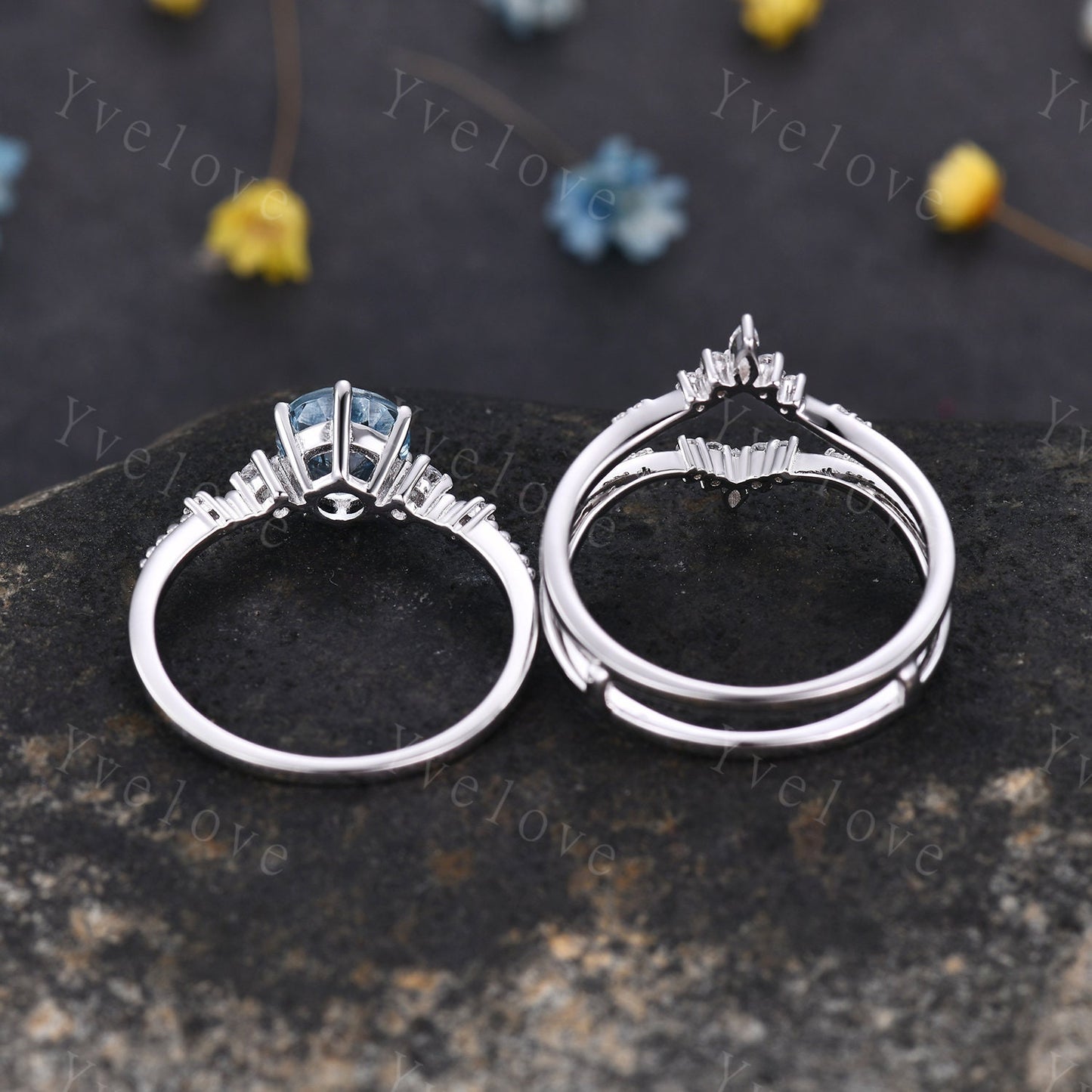 Unique Aquamarine Ring,Blue Aquamarine Engagement Ring,Enhancer Ring,Double Curved band,Women Bridal Matching Stacking Diamond Wedding Band