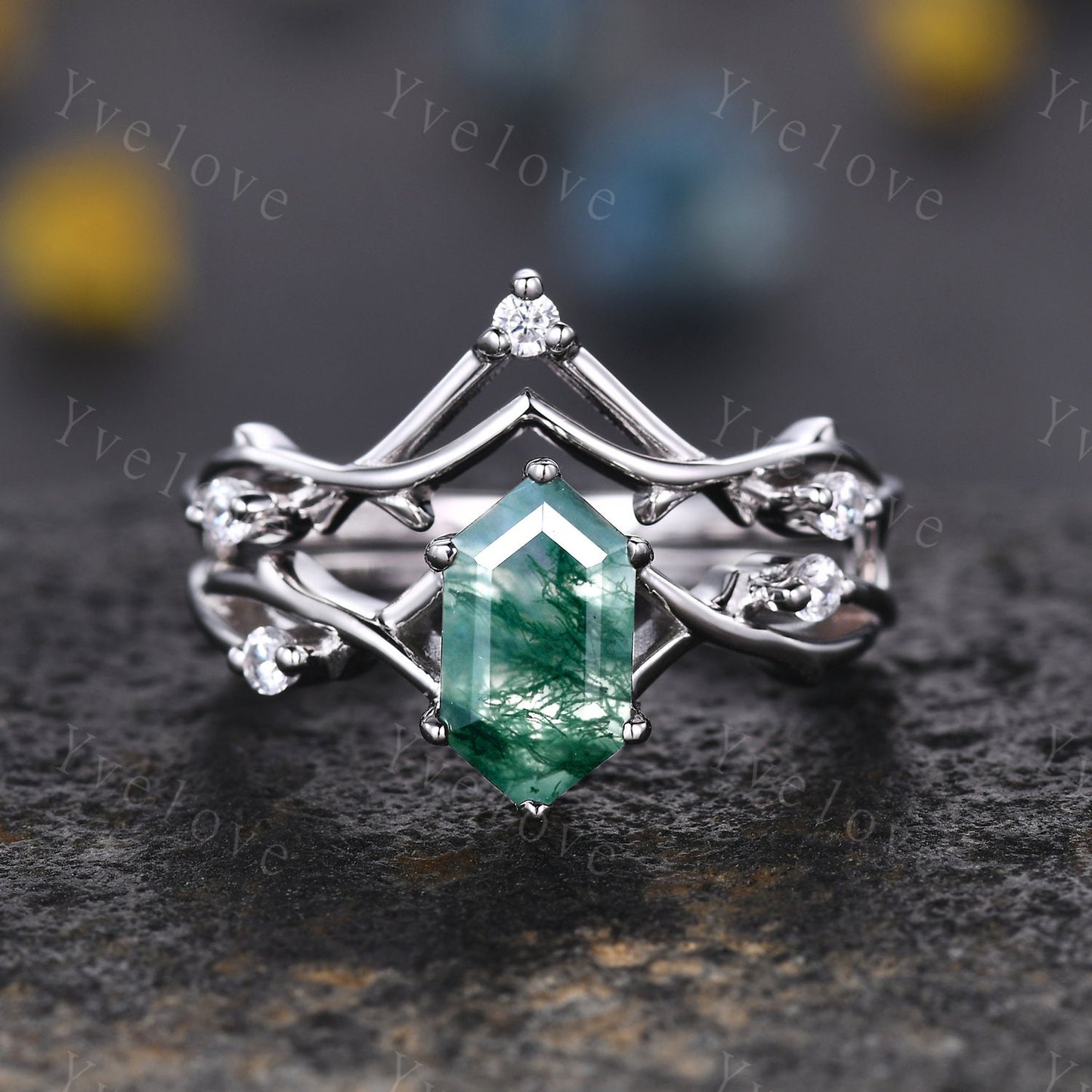 Unique Hexagon Moss Agate Engagement Ring,Vintage Twig Diamond Ring,Branch Ring,White Gold Silver Ring,Promise Bridal Set,Green Agate Ring