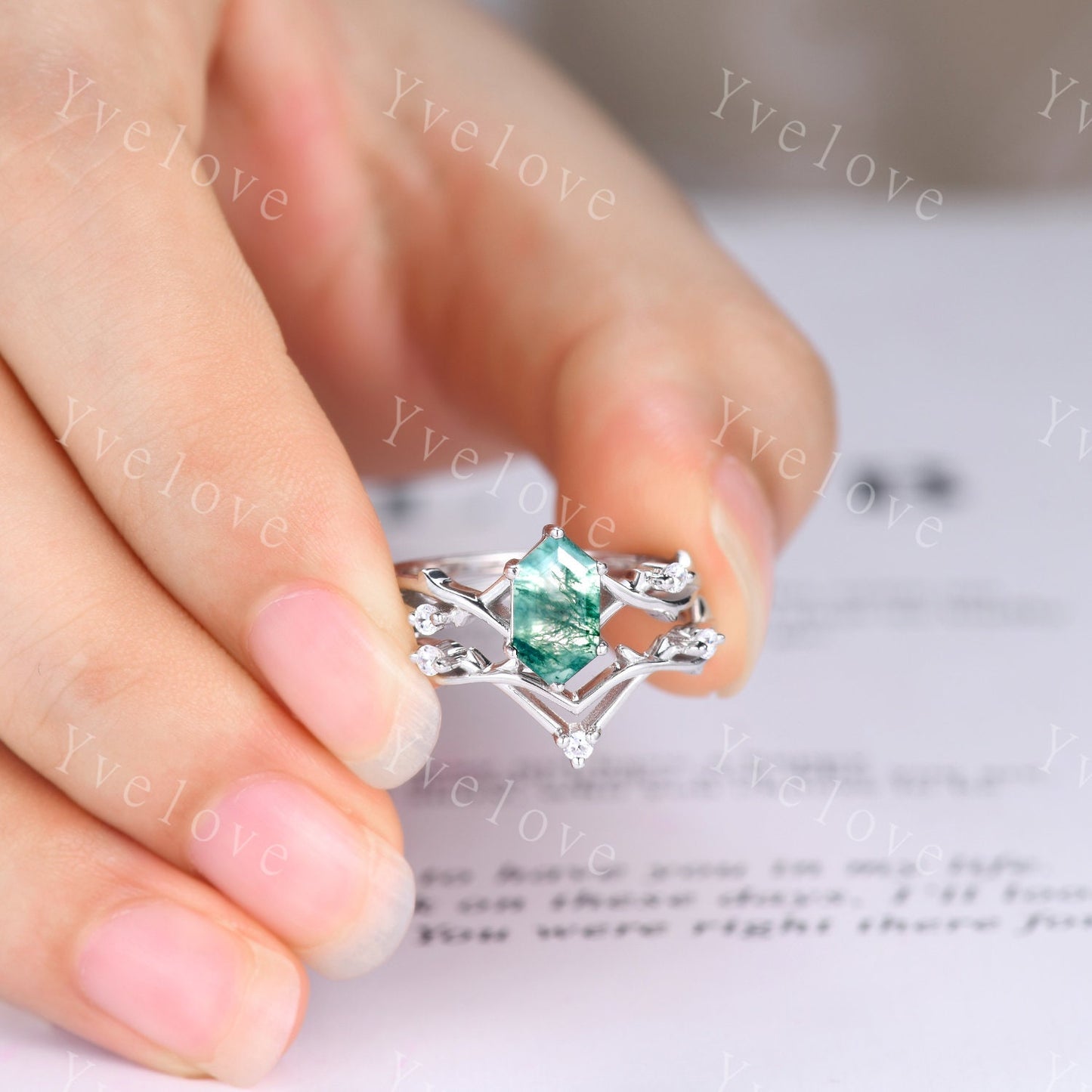 Unique Hexagon Moss Agate Engagement Ring,Vintage Twig Diamond Ring,Branch Ring,White Gold Silver Ring,Promise Bridal Set,Green Agate Ring