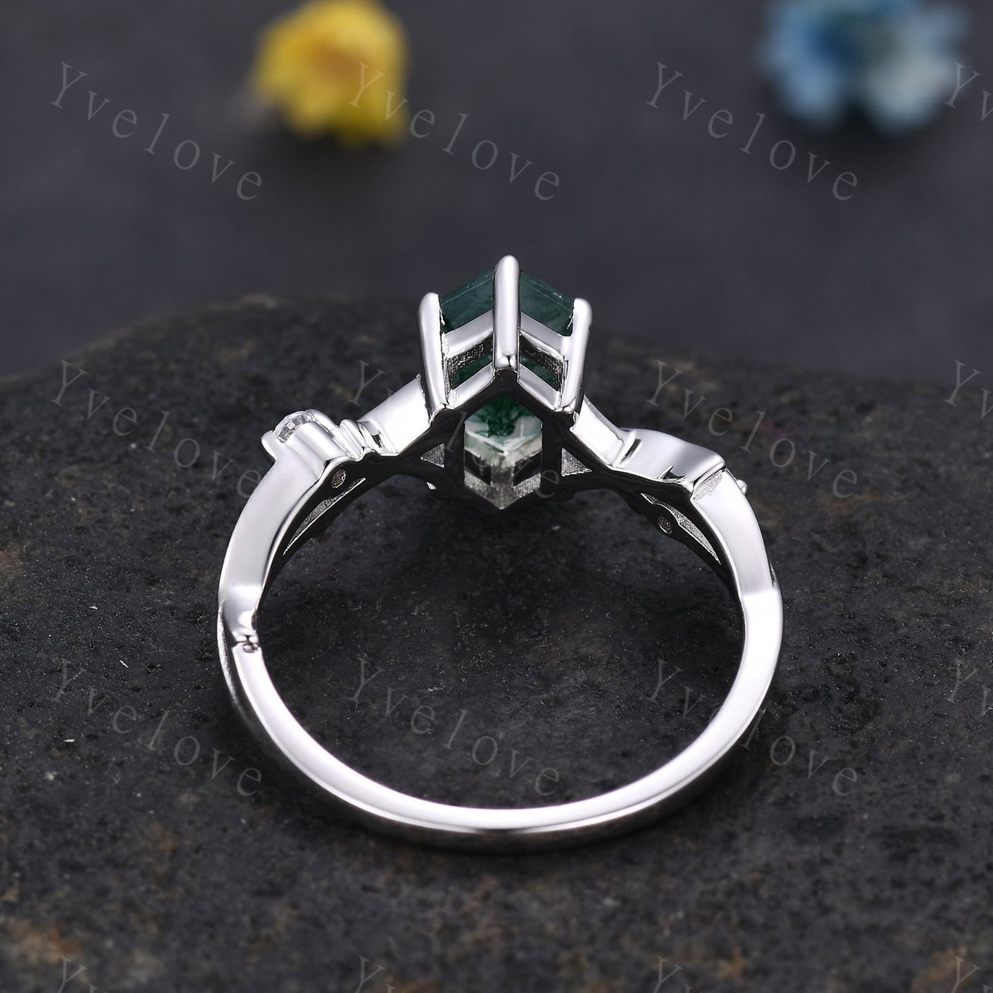 Unique Hexagon Moss Agate Engagement Ring,Vintage Twig Diamond Ring,Branch Ring,White Gold Silver Ring,Promise Bridal Set,Green Agate Ring
