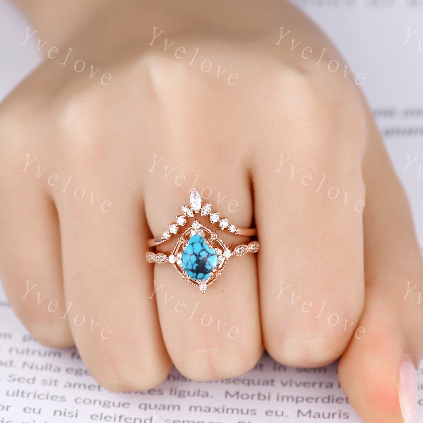Vintage Turquoise Engagement Ring Set,6x8mm Pear Turquoise Bridal Set,V Curved Moissanite Stacking Band,Silver Ring,Women Rings Gift For Her