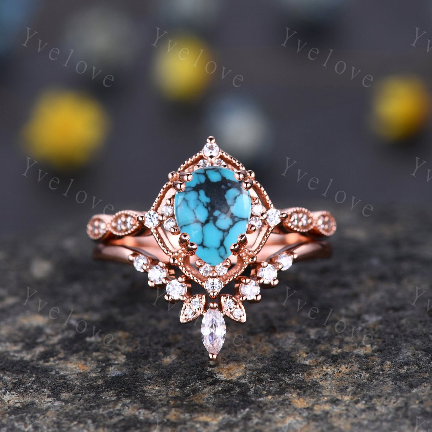 Vintage Turquoise Engagement Ring Set,6x8mm Pear Turquoise Bridal Set,V Curved Moissanite Stacking Band,Silver Ring,Women Rings Gift For Her