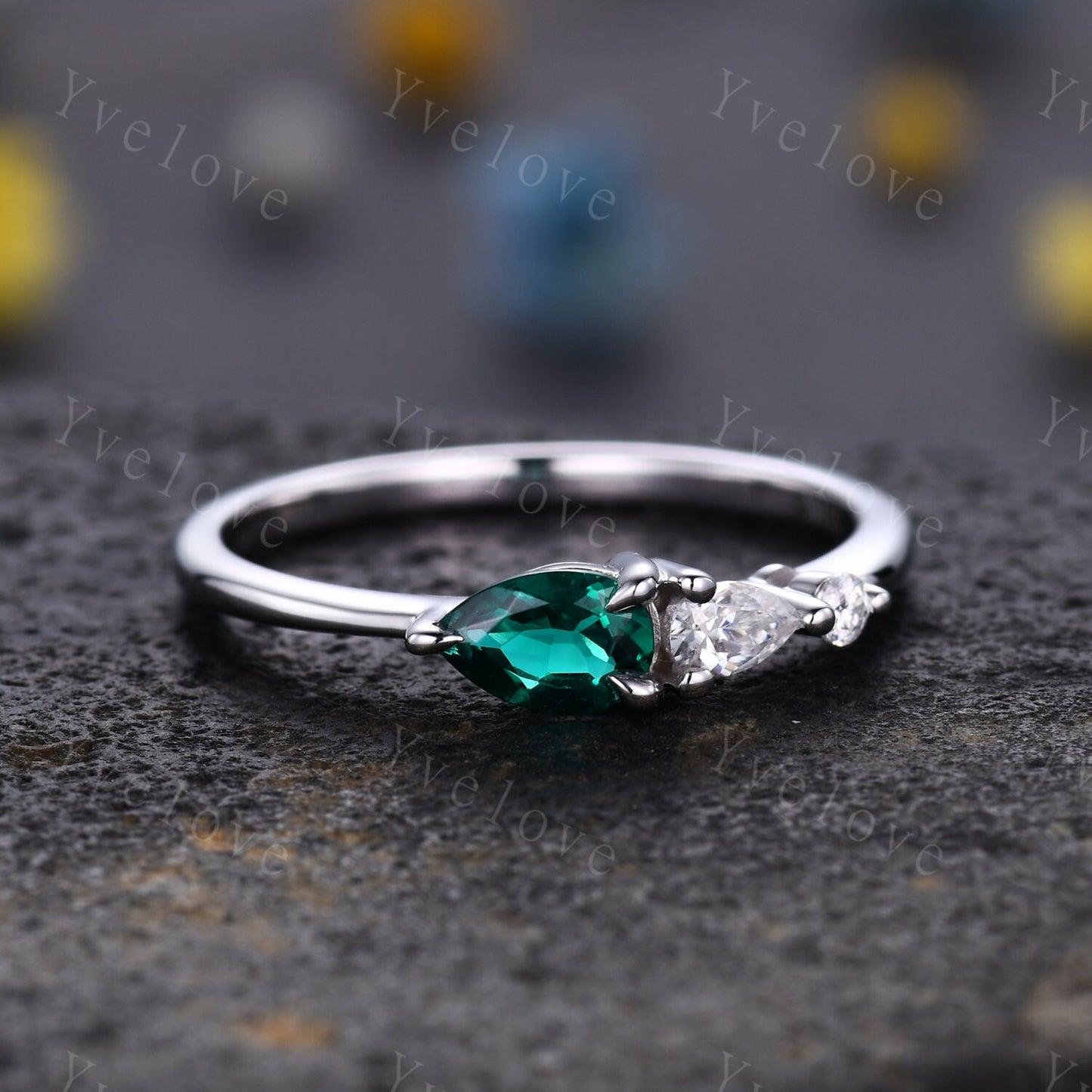 Vintage Emerald Ring Engagement Ring,Pear Cut Gems,Art Deco Moissanite Wedding Band,3 Stone Unique Women Bridal Promise Ring Gift,Rose gold