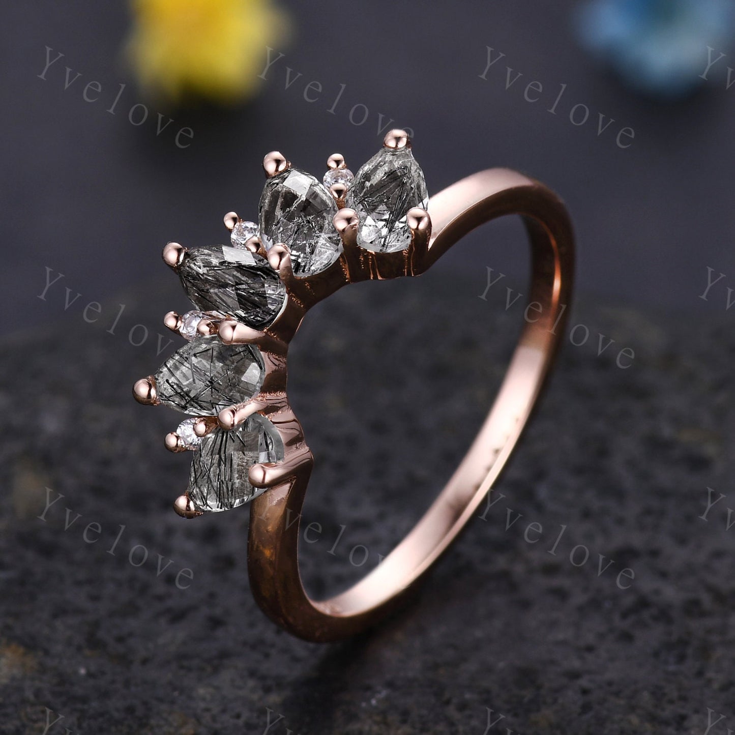 Black rutilate quartz wedding band,Statement ring,Curved wedding ring,Unique Stacking ring diamond ring,Matching band,Women Jewelry Gift
