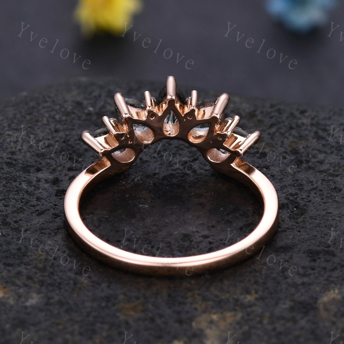Black rutilate quartz wedding band,Statement ring,Curved wedding ring,Unique Stacking ring diamond ring,Matching band,Women Jewelry Gift