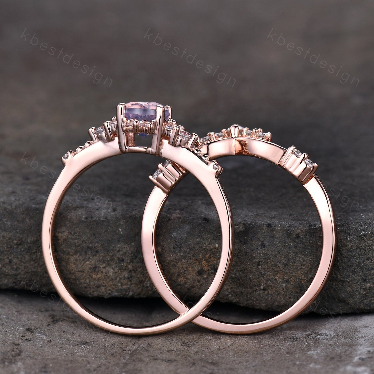 Dainty Rose Gold Lavender Amethyst Engagement Ring Set Unique Art Deco Amethyst Ring For Women Vintage Curved Wedding Bridal Promise Ring
