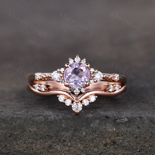 Dainty Rose Gold Lavender Amethyst Engagement Ring Set Unique Art Deco Amethyst Ring For Women Vintage Curved Wedding Bridal Promise Ring