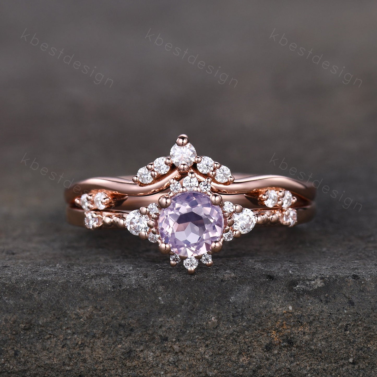 Dainty Rose Gold Lavender Amethyst Engagement Ring Set Unique Art Deco Amethyst Ring For Women Vintage Curved Wedding Bridal Promise Ring
