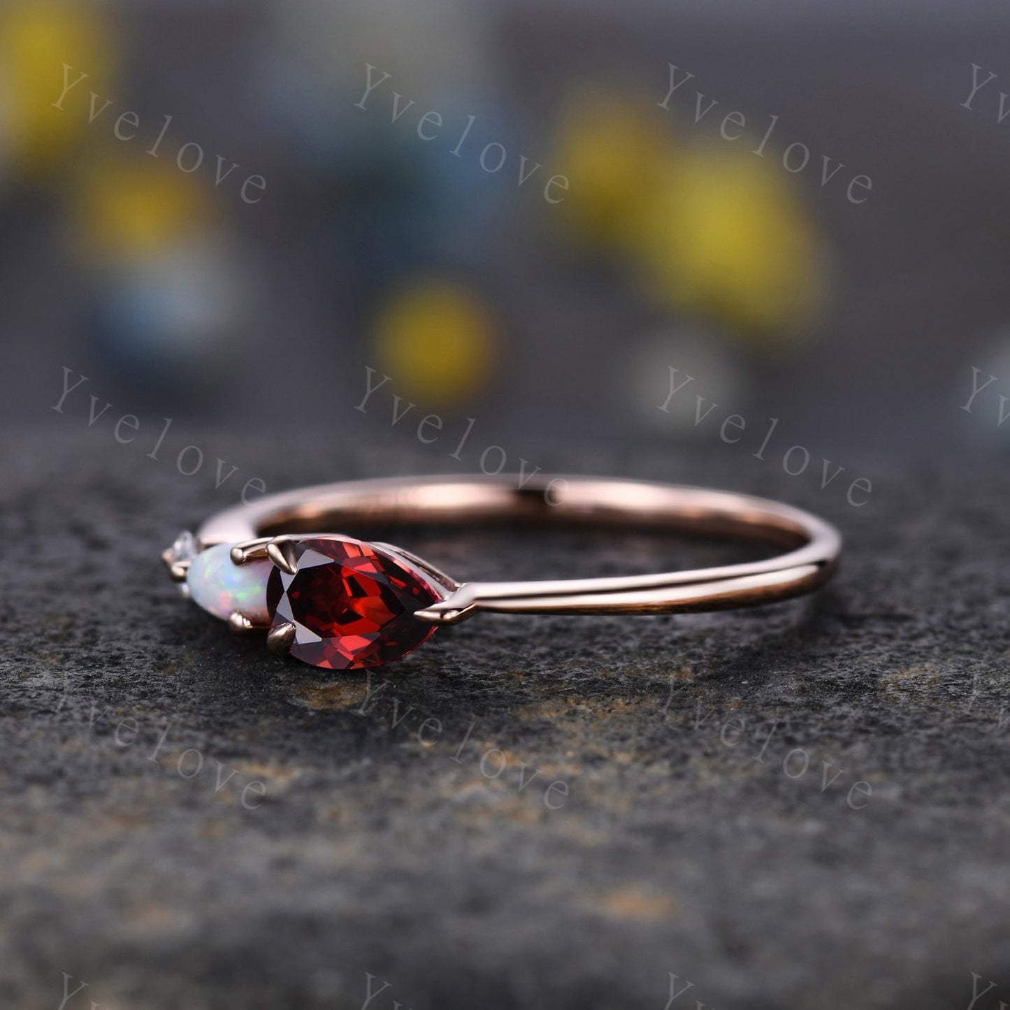 Vintage Red Garnet Opal Engagement Ring,Pear Cut Gems,Art Deco Moissanite Wedding Band,3 Stone Unique Women Bridal Promise Ring,Custom Ring