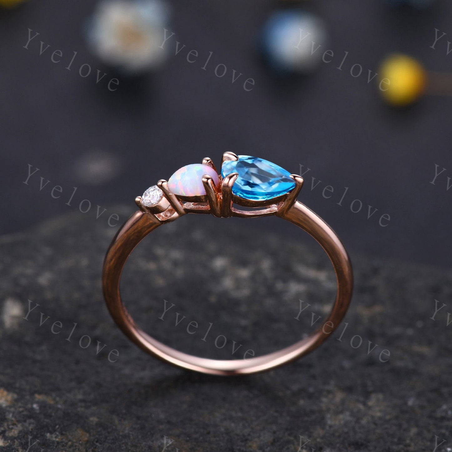 Vintage Swiss Blue Topaz Opal Engagement Ring,Pear Cut Gems,Art Deco Moissanite Wedding Band,3 Stone Unique Women Bridal Promise Ring,Silver