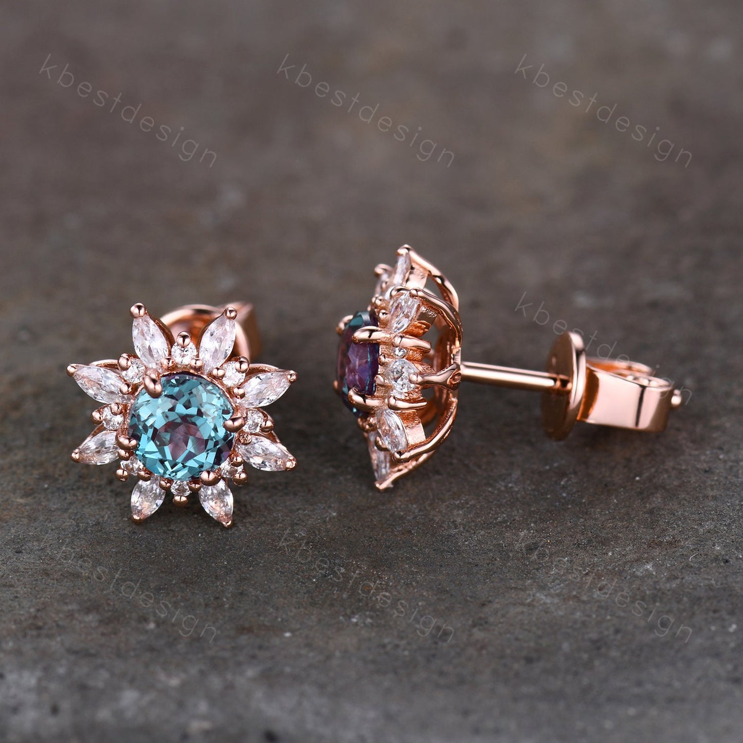 Vintage Alexandrite Earrings, Studs for woman, Rose Gold Stud earrings, June Birthstone Jewelry, Anniversary Gift