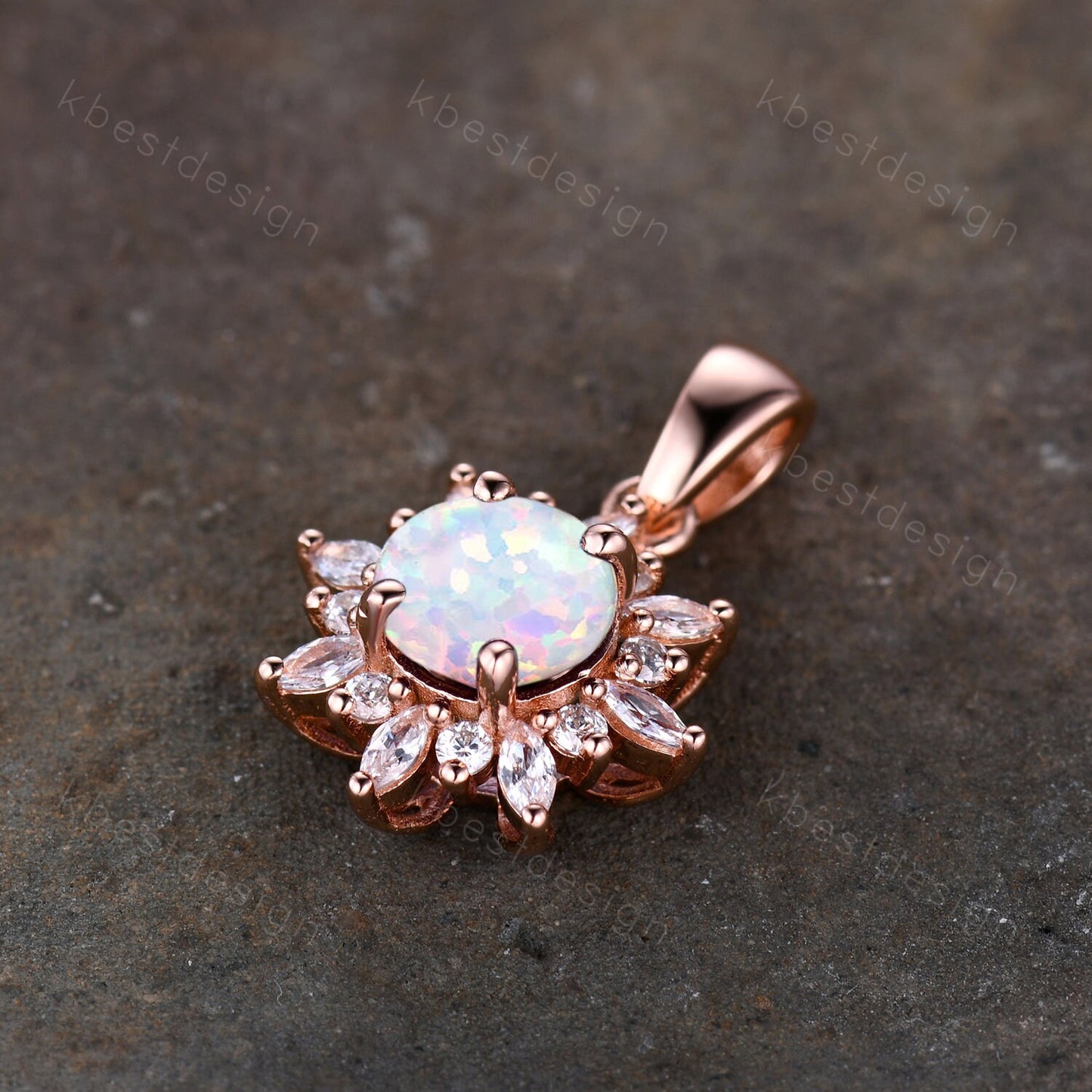 1CT White Fire Opal Necklace, Rose Gold Round cut Opal Pendant, October Birthstone Jewelry, Unique Opal Moissanite Pendant, Gift for Her