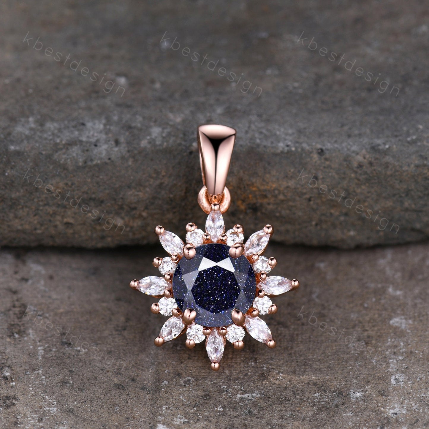 1CT Round Galaxy Blue Sandstone Necklace Vintage Art Deco Necklace for Women Unique Marquise cut Moissanite Halo Pendant Anniversary Gift