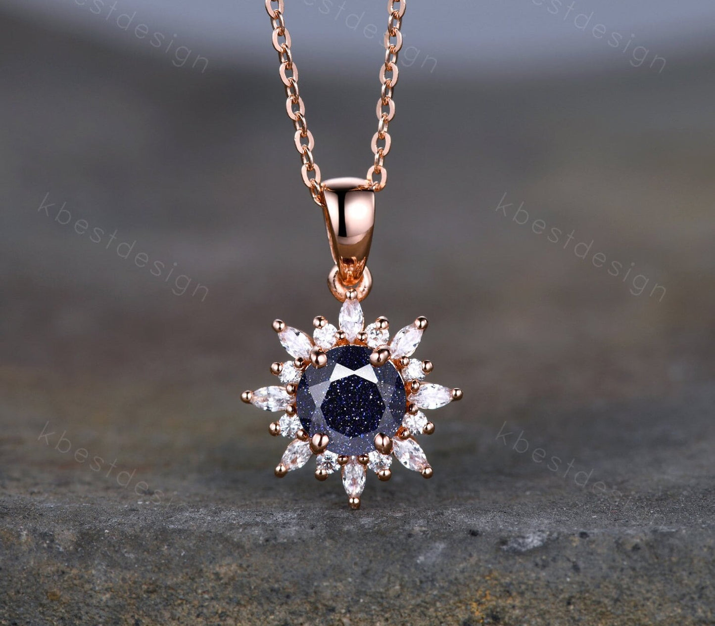 1CT Round Galaxy Blue Sandstone Necklace Vintage Art Deco Necklace for Women Unique Marquise cut Moissanite Halo Pendant Anniversary Gift