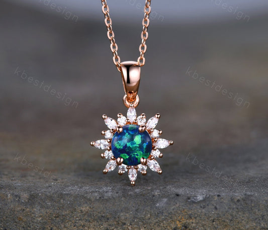 Blue Opal Art Deco Necklace, Rose Gold Birthstone Necklace, Vintage Opal Pendant, Moissanite Necklace Pendant for Women, Valentines Gifts