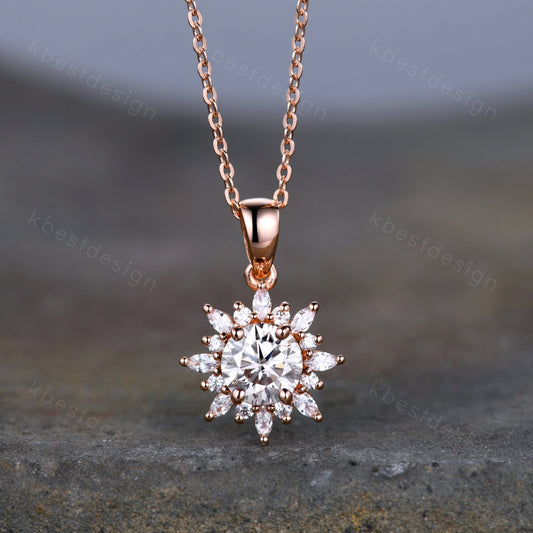 1CT Round Moissanite Pendant Necklace, Vintage Necklace For Women, Art Deco Floral Gold Pendant, Moissanite Necklace Anniversary/Bridal Gift