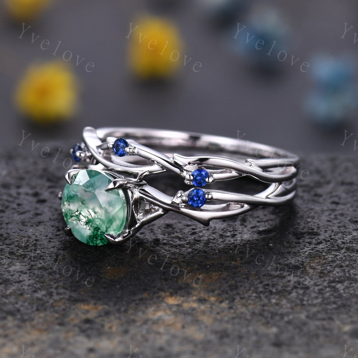 Twig Moss Agate Engagement Ring,green agate engagement ring set,blue sapphire ring,vintage unique promise ring set gift for women,platinum