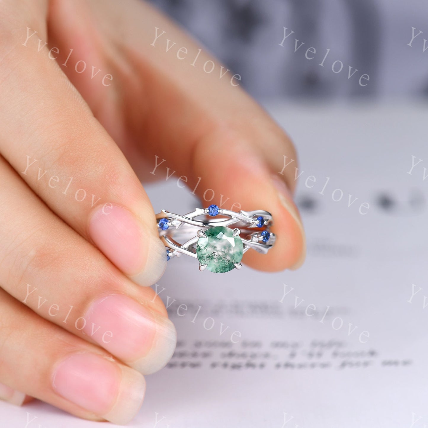 Twig Moss Agate Engagement Ring,green agate engagement ring set,blue sapphire ring,vintage unique promise ring set gift for women,platinum