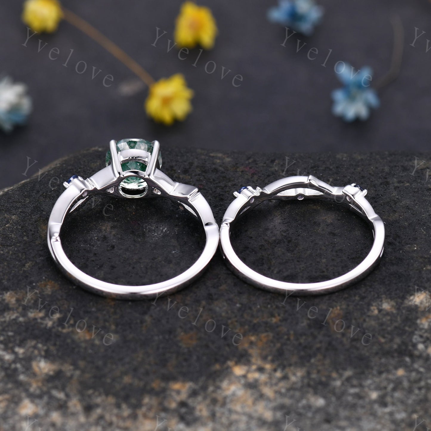 Twig Moss Agate Engagement Ring,green agate engagement ring set,blue sapphire ring,vintage unique promise ring set gift for women,platinum