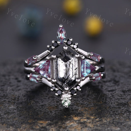 Hexagon Black Rutilate Quartz Engagement Ring,Alexandrite Ring,Vintage Retro Silver Ring,Enhancer Ring,Women Stacking Band,Bridal Ring Gift