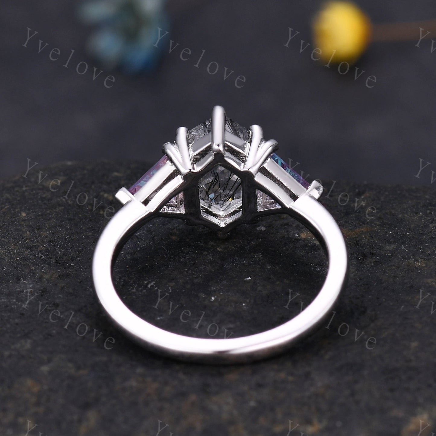 Hexagon Black Rutilate Quartz Engagement Ring,Alexandrite Ring,Vintage Retro Silver Ring,Enhancer Ring,Women Stacking Band,Bridal Ring Gift