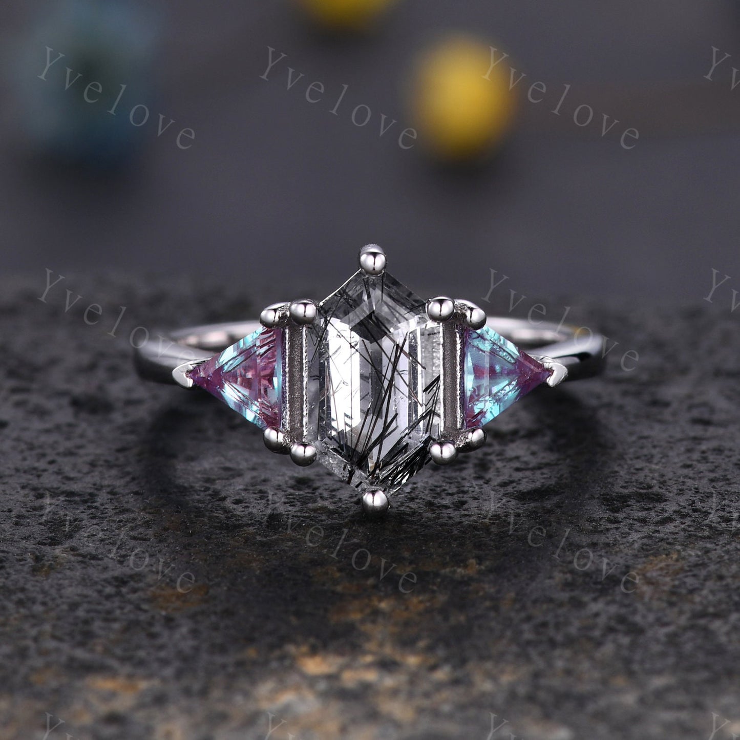 Hexagon Black Rutilate Quartz Engagement Ring,Alexandrite Ring,Vintage Retro Silver Ring,Enhancer Ring,Women Stacking Band,Bridal Ring Gift