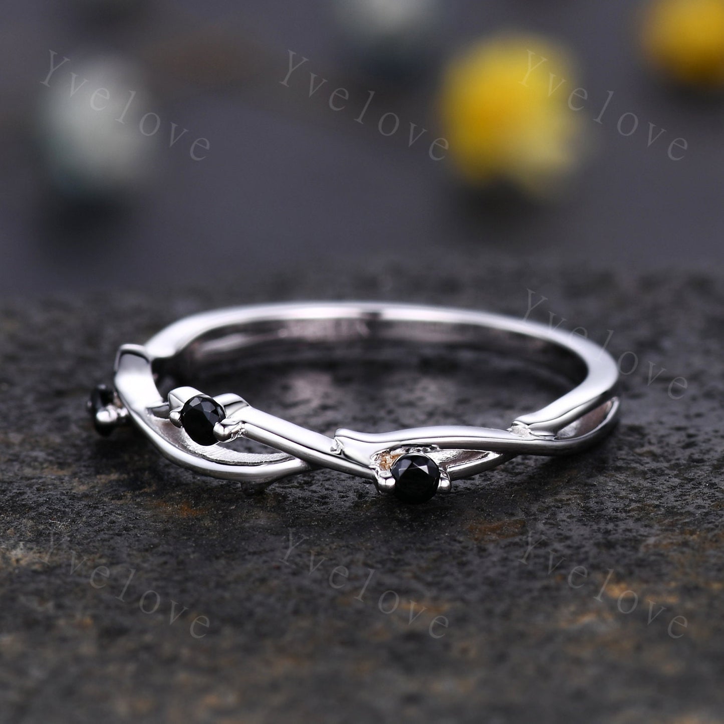 Minimalist Twig Black Spinel Engagement Ring,Twig Matching Band,Women Leaf Band ,Art Deco Branch Black Gem Wedding Band,Twisted Band,Silver