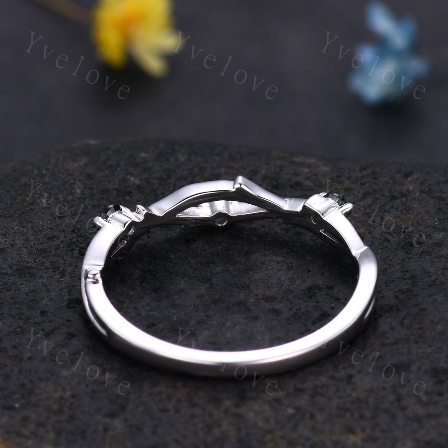 Minimalist Twig Black Spinel Engagement Ring,Twig Matching Band,Women Leaf Band ,Art Deco Branch Black Gem Wedding Band,Twisted Band,Silver