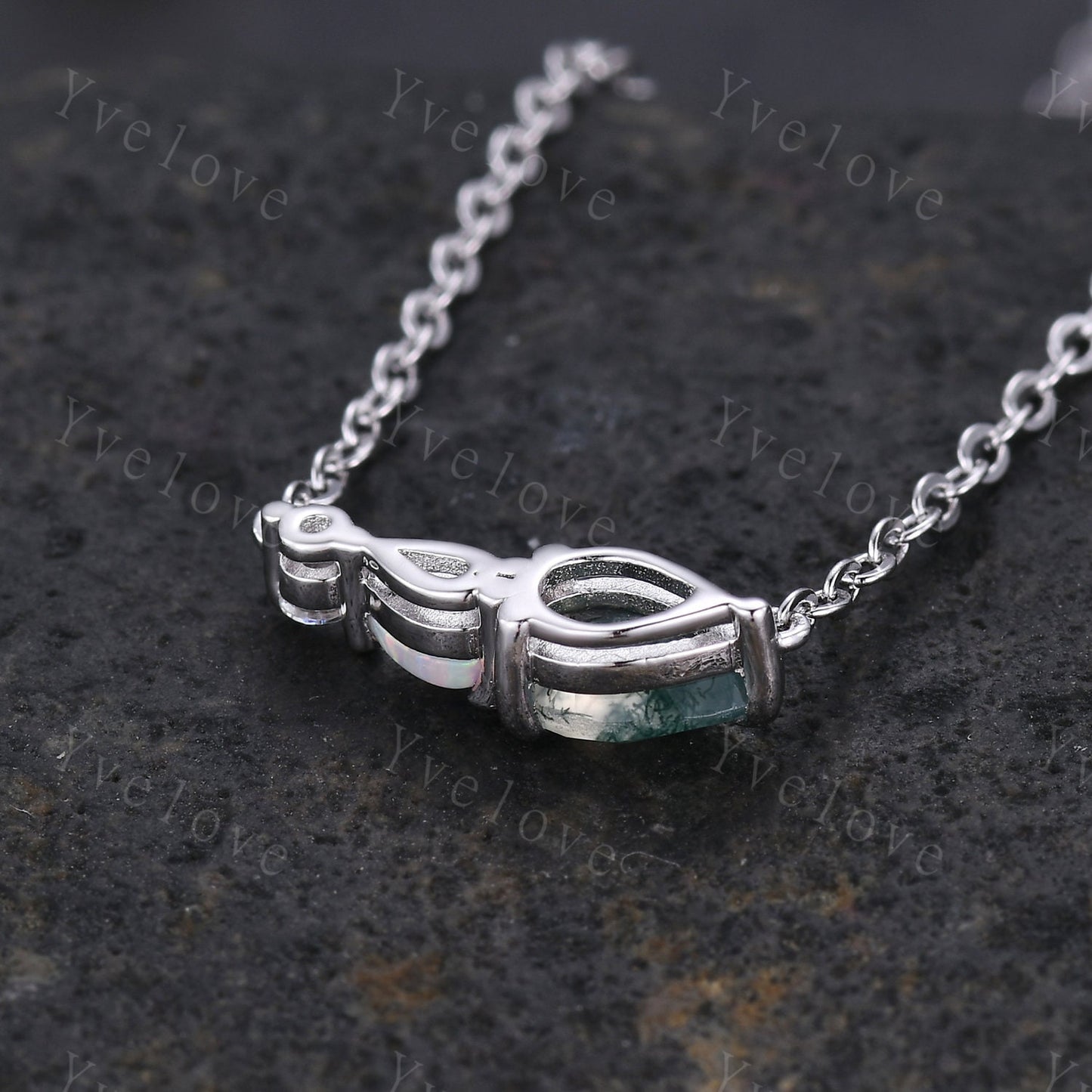 Unique Aquamarine Opal Necklace,Pear Cut Gems,Art Deco Moissanite Diamond Delicate Dainty Necklace,3 Stone Unique Women Bridal Gift,Silver