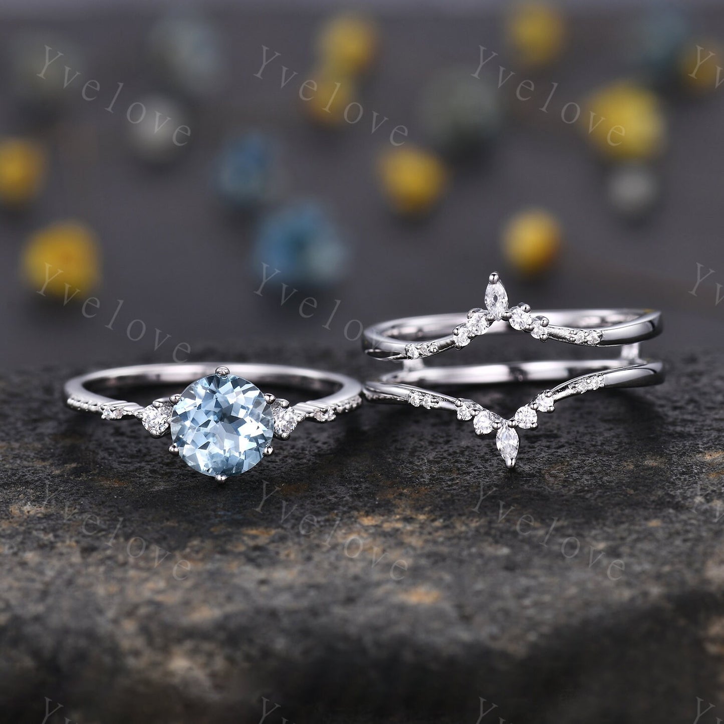 Unique Aquamarine Ring,Blue Aquamarine Engagement Ring,Enhancer Ring,Double Curved band,Women Bridal Matching Stacking Diamond Wedding Band