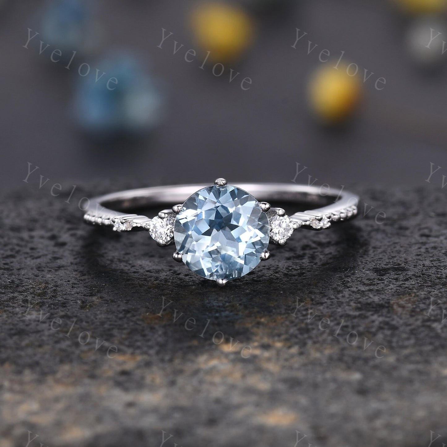 Unique Aquamarine Ring,Blue Aquamarine Engagement Ring,Enhancer Ring,Double Curved band,Women Bridal Matching Stacking Diamond Wedding Band