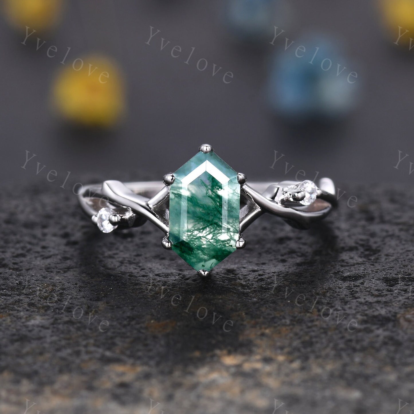 Unique Hexagon Moss Agate Engagement Ring,Vintage Twig Diamond Ring,Branch Ring,White Gold Silver Ring,Promise Bridal Set,Green Agate Ring