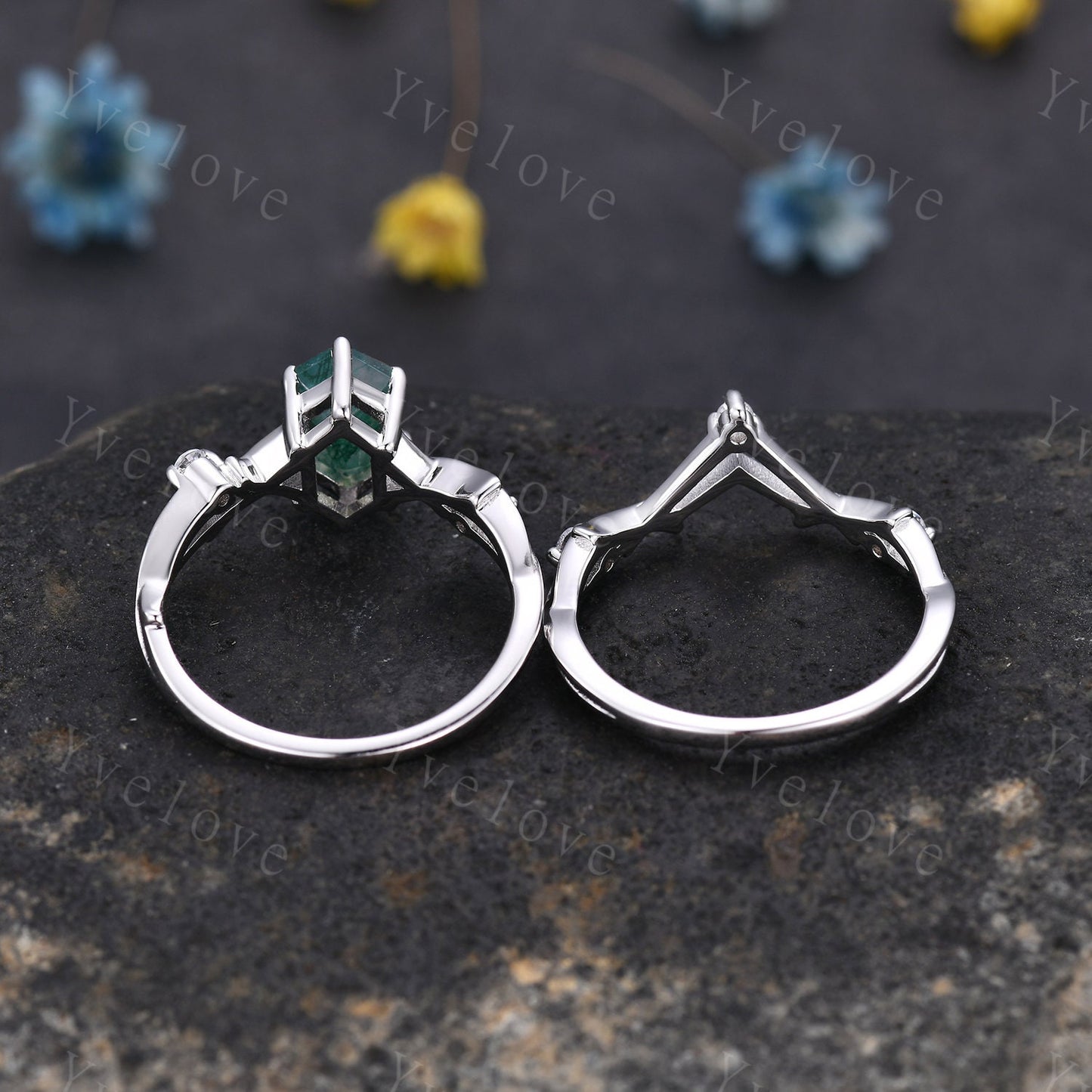 Unique Hexagon Moss Agate Engagement Ring,Vintage Twig Diamond Ring,Branch Ring,White Gold Silver Ring,Promise Bridal Set,Green Agate Ring