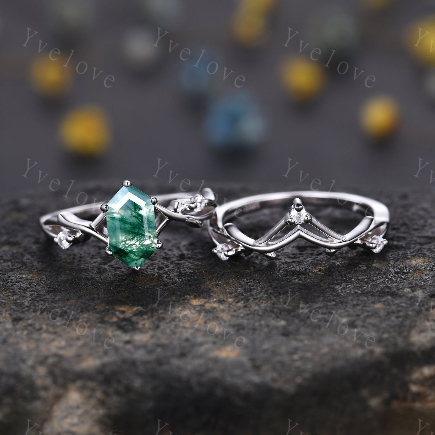 Unique Hexagon Moss Agate Engagement Ring,Vintage Twig Diamond Ring,Branch Ring,White Gold Silver Ring,Promise Bridal Set,Green Agate Ring