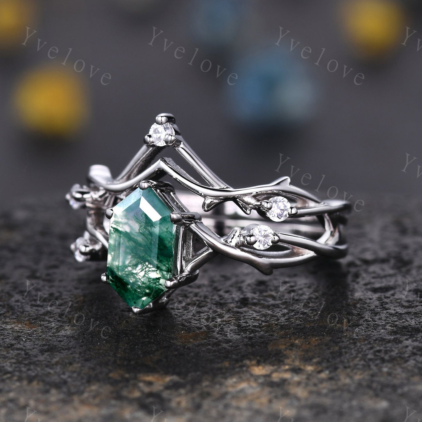 Unique Hexagon Moss Agate Engagement Ring,Vintage Twig Diamond Ring,Branch Ring,White Gold Silver Ring,Promise Bridal Set,Green Agate Ring