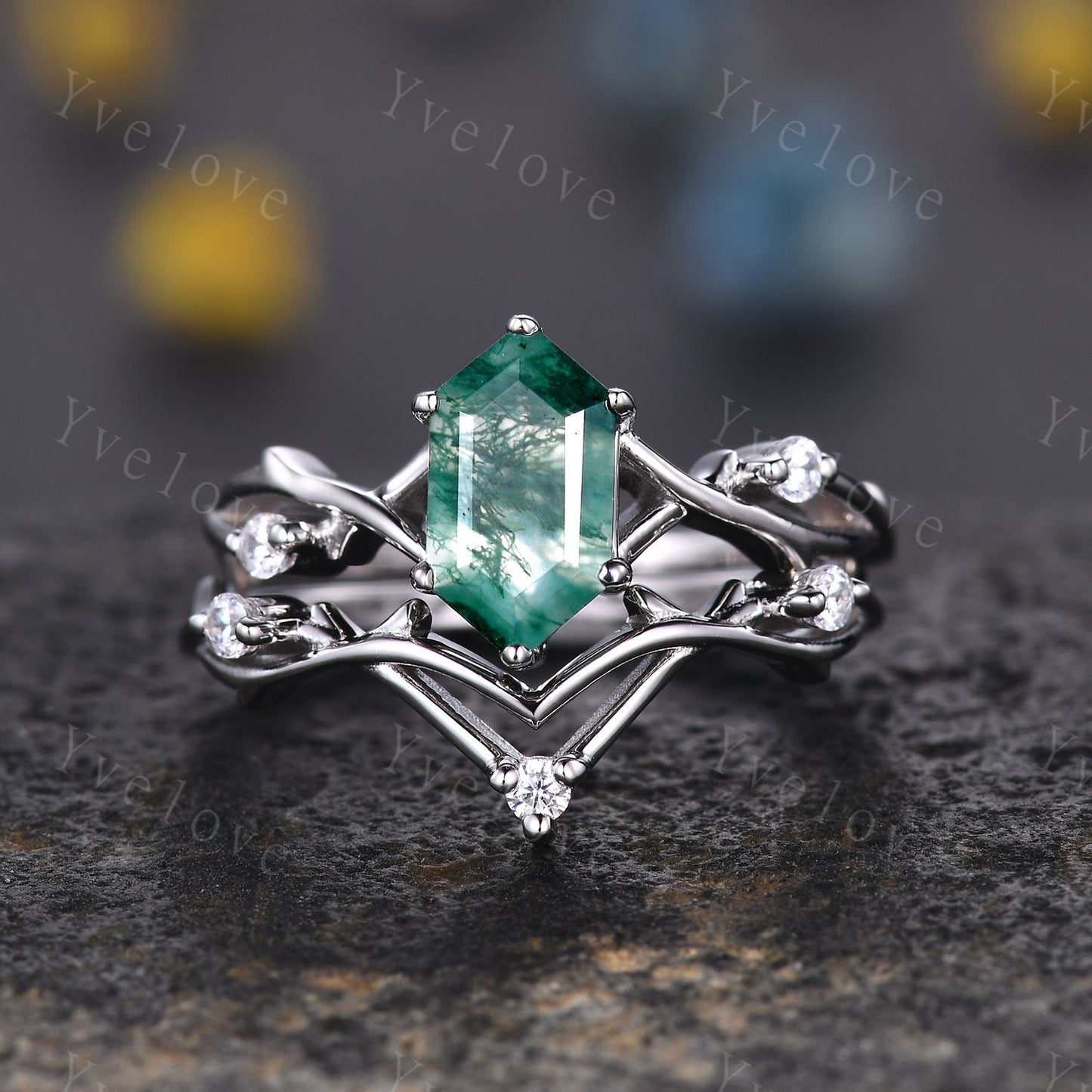 Unique Hexagon Moss Agate Engagement Ring,Vintage Twig Diamond Ring,Branch Ring,White Gold Silver Ring,Promise Bridal Set,Green Agate Ring